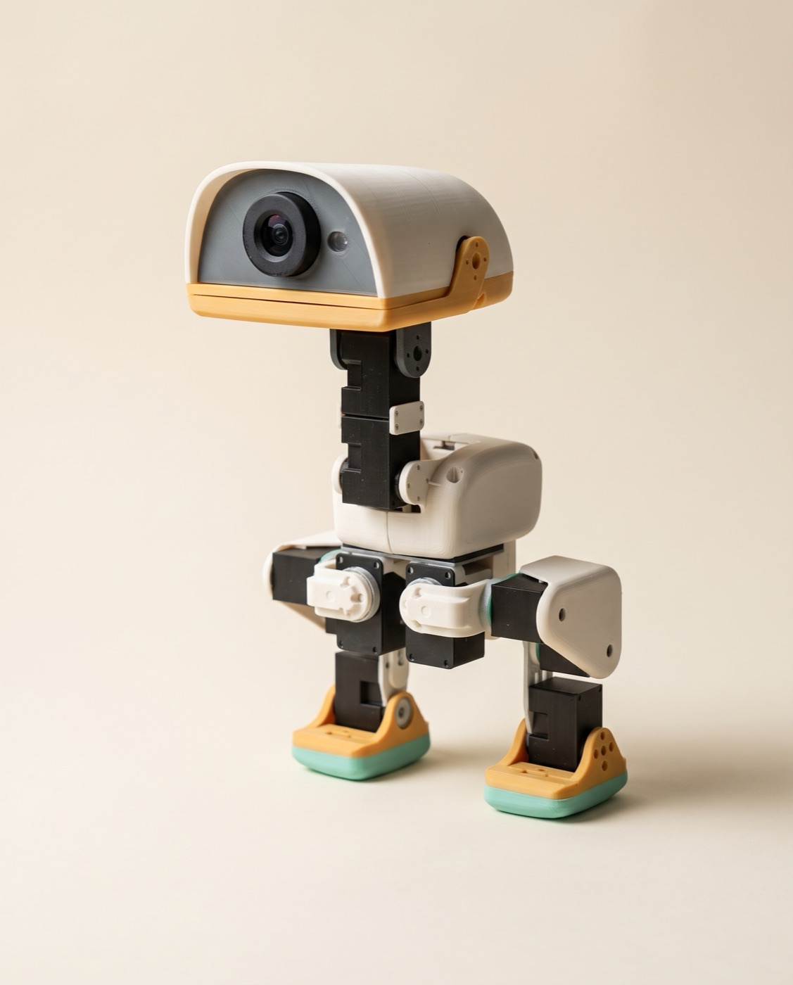 Concept picture of Huey, the duck robot: off-white shells, amber beak band and foot caps, mint soles